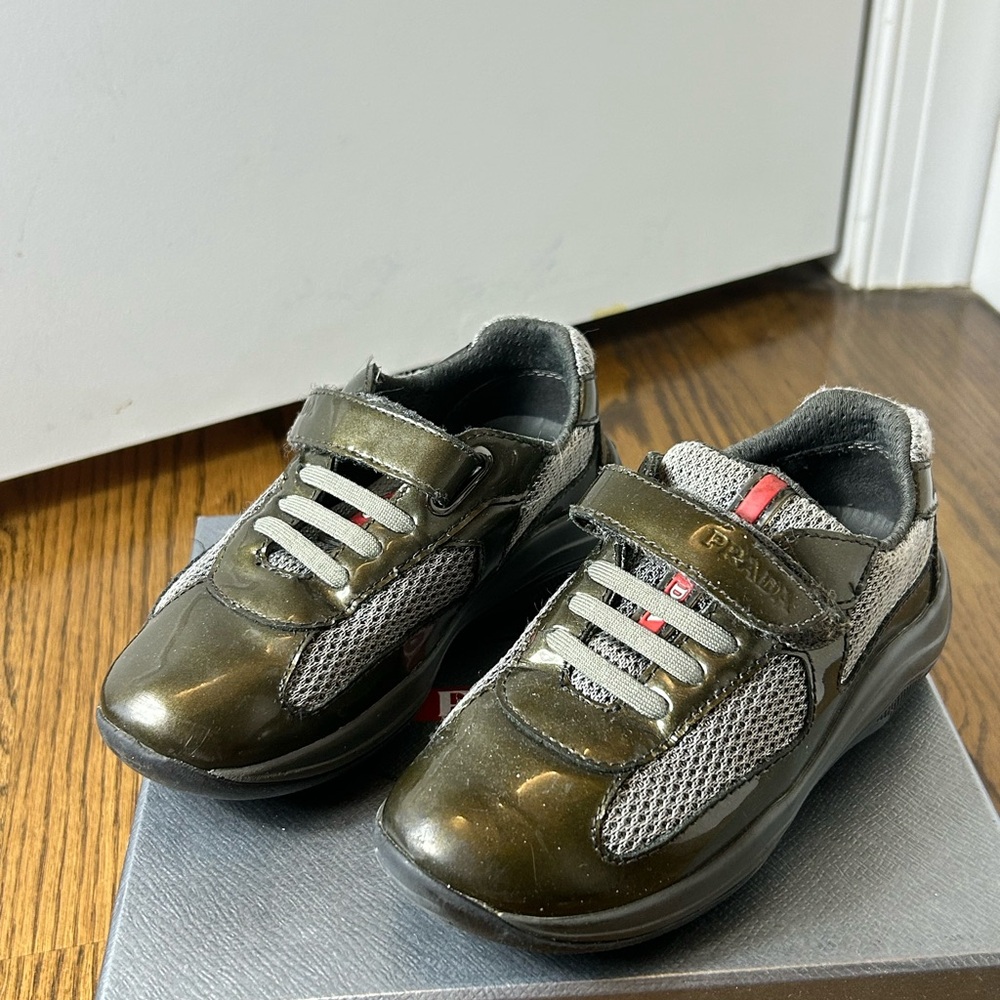 Prada Dark Olive Green Metallic Shoes Kids with Box